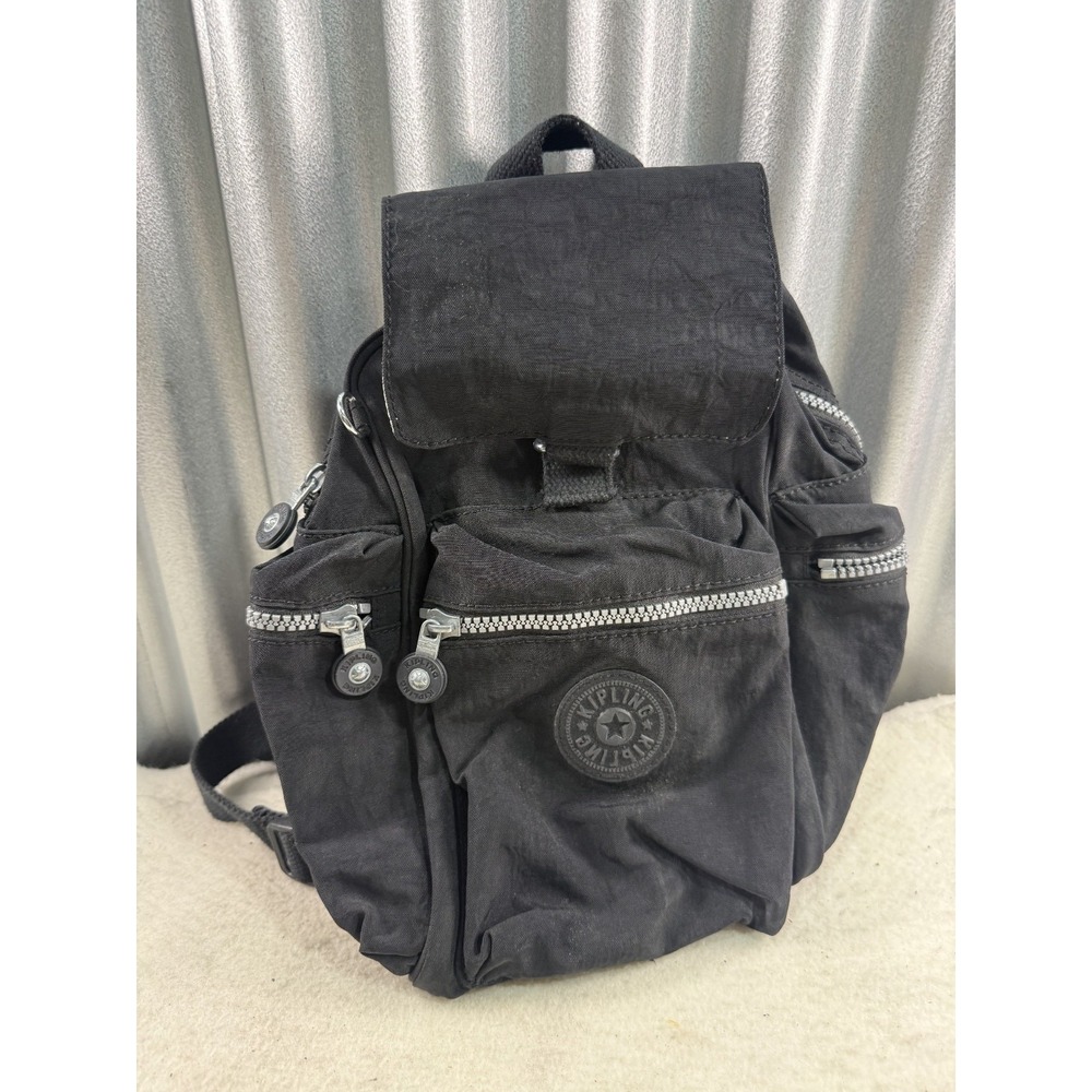 Vintage Kipling Child Small Backpack Black Nylon Multi-Pocket Y2K Mini Bag